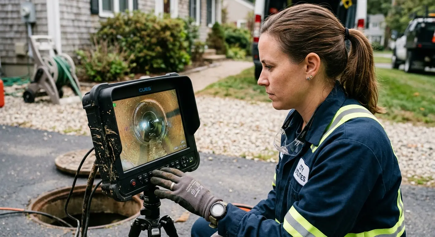 Technician reviewing sewer camera inspection footage in Chester