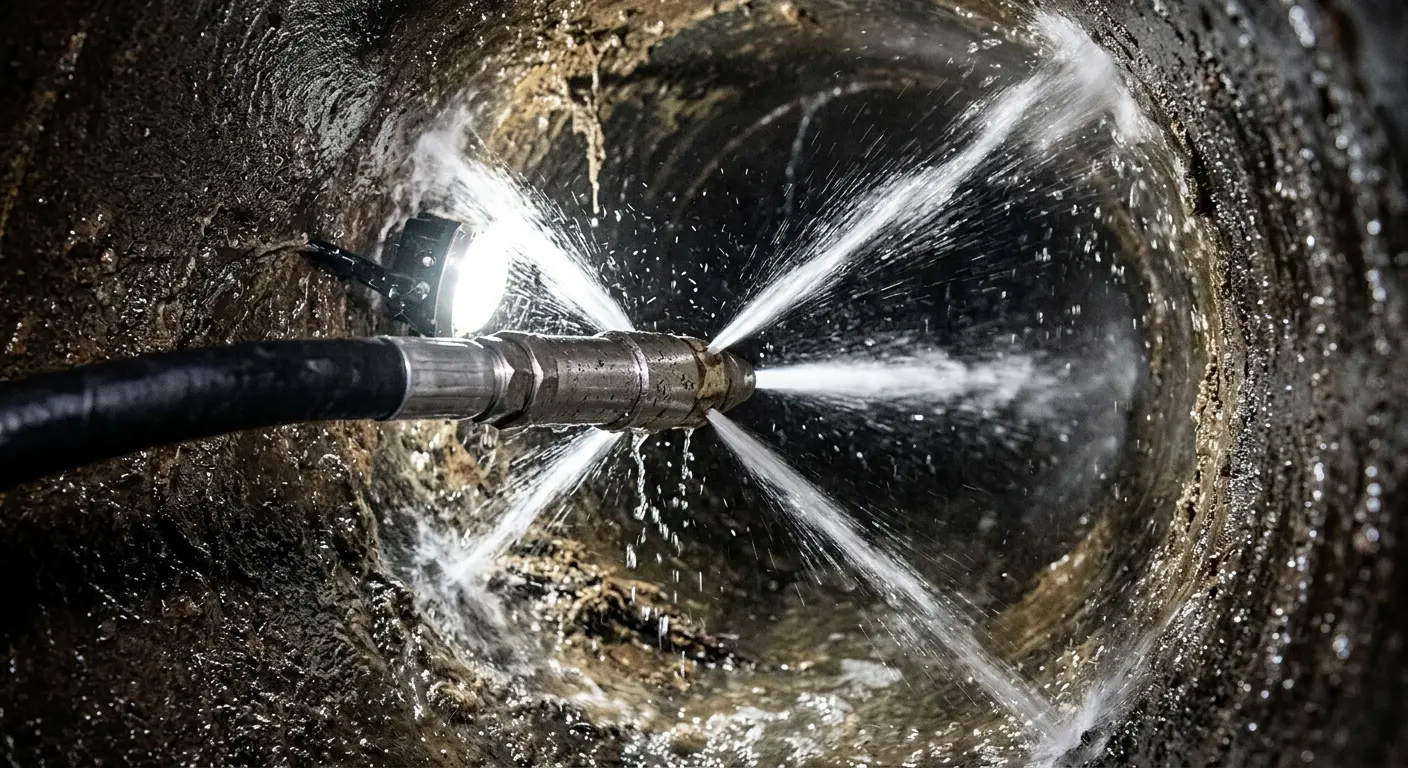 High-pressure hydro jetting nozzle cleaning sewer pipe for Trenchless Sewer Repair in Chester